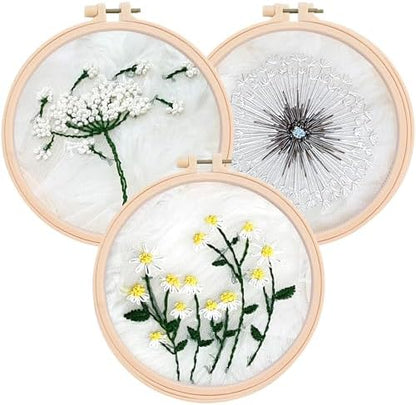 Clear Background Embroidery Kit for Beginners – DIY Hand Embroidery Kit with 3 Hoops, Stamped Patterns, Needles, Thread, Scissors – Minimalist Embroidery Set for Adults, Teens, Women, Craft Lovers by FindYourZen