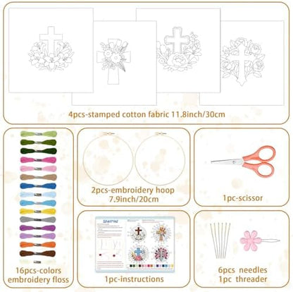 BEUNITONE 4Set Cross and Flowers Pattern Embroidery Kit for Adult Beginners - Image 2