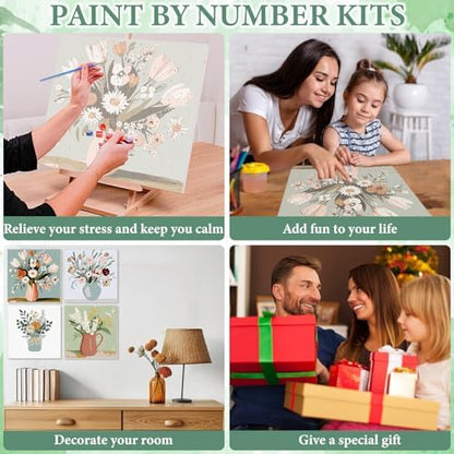 NAIMOER 4 Pack Flowers Paint by Numbers Kits for Adults Beginner with Wooden Framed, Color by Numbers on Canvas Painting Kits for Adults, Easy Paint DIY Acrylic for Home Wall Decor 8X8 Inch - Image 6