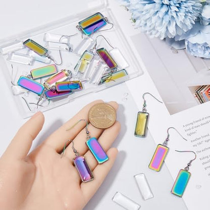 1 Box 20Pcs Rainbow Earring Bezel Blank 10x25mm Rectangle Bezel Pendant Trays with Glass Cabochons Settings Stainless Steel Earring Wire Hooks Accessories for DIY Earrings Jewelry Making - Image 3
