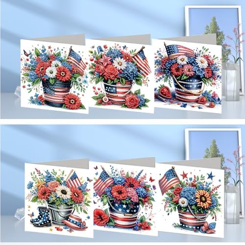 Diamond Art Painting Cards,6 Pack Gem Art Greeting Cards with Envelopes, 5D Diamond Dots Kits Birthday Cards Making Kits for Adults Family Friends Birthday Gifts(Independence Day Flowers) - Image 2