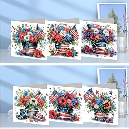 Diamond Art Painting Cards,6 Pack Gem Art Greeting Cards with Envelopes, 5D Diamond Dots Kits Birthday Cards Making Kits for Adults Family Friends Birthday Gifts(Independence Day Flowers) - Image 2