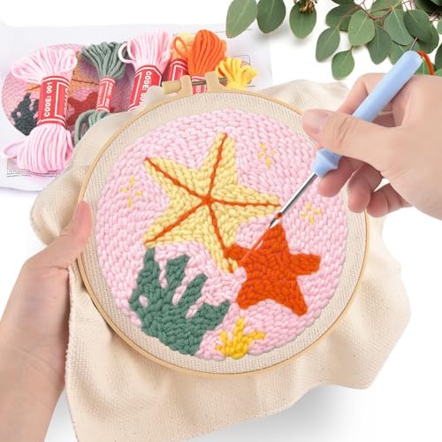ERKOON Punch Needle Kit Adults Beginners, DIY Easy Sea Animals Embroidery Set for Starter Art Craft, Needling Punch Project with Patterns, Tools, Yarns, Hoop, Instruction (Starfish) - Image 5