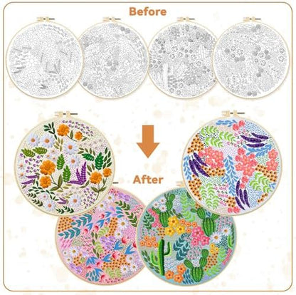 BEUNITONE 4 Set Covered Flower Embroidery Kit for Beginners 7.9"x7.9" - Image 4