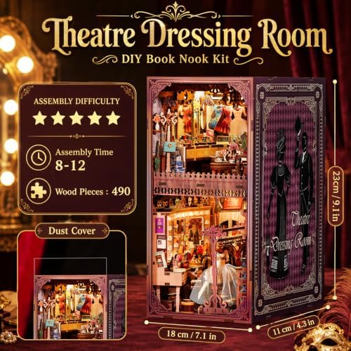 fifijoy Book Nook Kit Theater Dressing Room - DIY Miniature House 3D Wooden Puzzle Bookshelf Insert Decor, Vintage Theater Scene Dollhouse Kit for Adults & Book Lovers (with Yellow Light) - Image 3