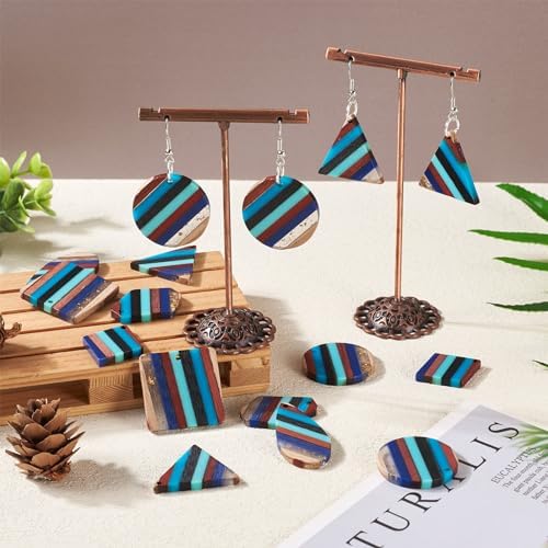 FASHEWELRY Striped Resin Wood Earrings Charms Cyan Rhombus Teardrop Flat Round Wooden Earring Blanks Earring Findings Wooden Earring Pieces for Jewelry Making, 52pcs/box - Image 3