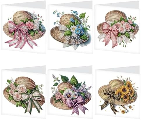 LazyFold 6Pcs DIY Diamond Art Painting Greeting Cards with Envelopes, Flower Hats All Occasion Note Card Kit for Women, Handmade Thank You Birthday Friendship Cards Gift by LazyFold