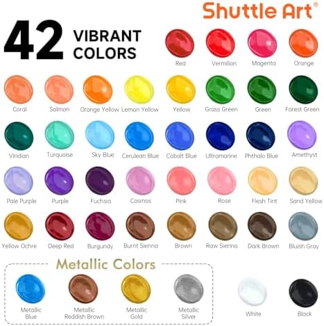 Shuttle Art Acrylic Paint, 42 Colors Acrylic Paint Set with 12 Brushes, 2oz/60ml Bottles, Rich Pigmented, Water Proof, Premium Paints for Artists, Beginners and Kids on Canvas Rocks Wood Ceramic - Image 3