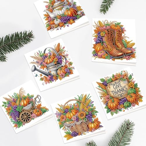 6 Pack Thanksgiving Diamond Painting Greeting Card Kits, DIY Fall Harvest Rhinestone Cards with Envelopes, Autumn-Themed Diamond Art Craft Set with Pumpkins, Corn, Grapes and Give Thanks Message - Image 5
