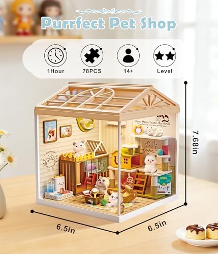 Cat Pet Life Shop DIY Miniature House Kit for Adults, 3D Dollhouse with LED Light & Dustproof Door, Stackable Connectable Display Case, Creative Gift for Cat Lovers Teens Women - Image 2
