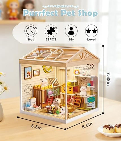 Cat Pet Life Shop DIY Miniature House Kit for Adults, 3D Dollhouse with LED Light & Dustproof Door, Stackable Connectable Display Case, Creative Gift for Cat Lovers Teens Women - Image 2