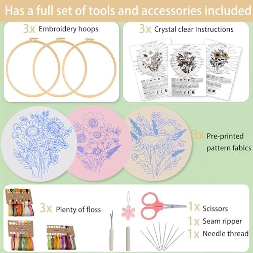 Ohcol 3 Sets Embroidery Kit for Beginners Cross Stitch Kits Needlepoint Kits Crafts for Adults with 3 Embroidery Hoops Easy-to-Follow Operating Instructions,Needle Point Kits with Flowers Patterns - Image 4