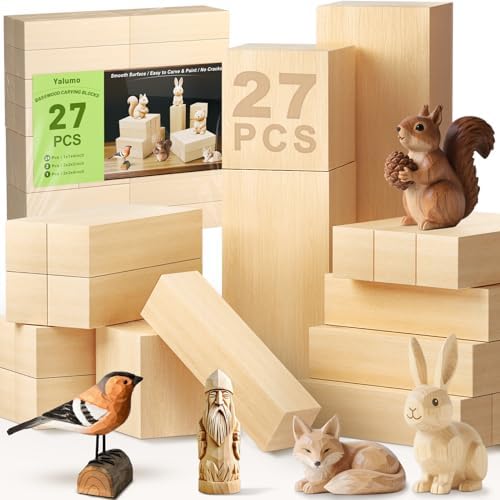 27 Pcs Basswood Carving Blocks, Whittling Wood Carving Kit with 3 Different Sizes and Pattern Sticker, Soft Unfinished Wooden Blocks for Crafts Beginners Kids Adults by YALUMO