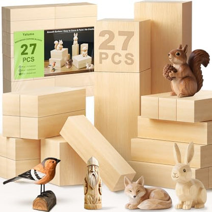 27 Pcs Basswood Carving Blocks, Whittling Wood Carving Kit with 3 Different Sizes and Pattern Sticker, Soft Unfinished Wooden Blocks for Crafts Beginners Kids Adults by YALUMO