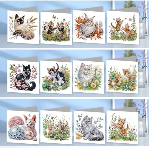 jinglinhh 12pcs Sphynx Cat Diamond Art Painting Kitten in the Flower Garden Greeting Cards with Envelopes, DIY Card Making Kits for Adults, Diamond Art Christmas Birthday Holiday cards Craft Gifts - Image 4