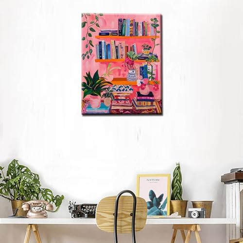 Bookshelf Book Theme Paint by Numbers Kits for Adult Beginners Boho Paint by Numbers Bohemian Digital Oil Painting Kits on Canvas with Brushes and Acrylic Pigment Without Framed 16''W x 20''H - Image 2
