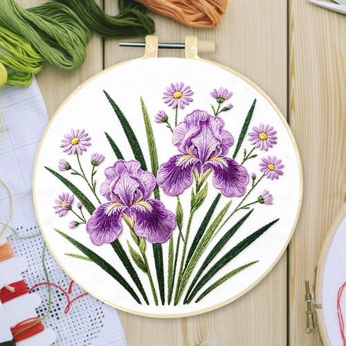 FRANDEK DIY Iris Stamped Embroidery Kit with Hoop for Adults - Image 3