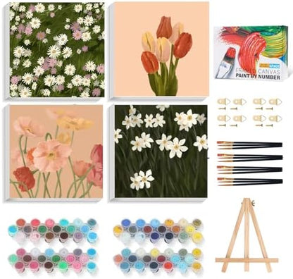 4 Pack Framed Paint by Numbers Kit for Adults Beginner with Wooden Easel, Vintage Flowers Easy Paint by Numbers with Frame, DIY Floral Number Painting for Adults Canvas for Home Decor Gift 10x10 Inch by Unknown