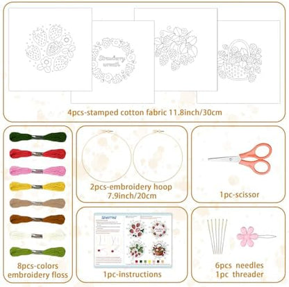 BEUNITONE 4 Set Strawberry Embroidery Kit for Adult Beginners 7.9"x7.9" DIY Stamped Needlepoint Kits with Pre-Printed Designs, Complete Handmade Embroidery Craft for Relaxing Hobby and Home Decor - Image 2
