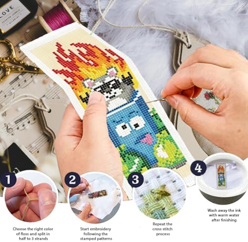 INFUNLY 6 Pcs Funny Trash Can Cross Stitch Bookmark Kit Raccoon Quotes Counted Embroidery Book Mark with Tassels, Complete DIY Cross Stitch Kit Thread Needles Scissors for Reading Gifts - Image 4
