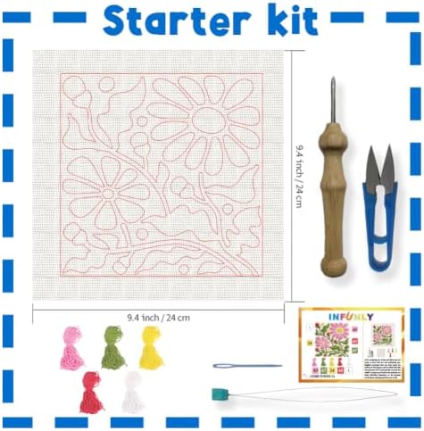 INFUNLY Boho Flower Punch Needle Kit, DIY Punch Needle Embroidery Kit for Adult Beginners 9.4x9.4 inch Complete Needlework Craft Supplies with Pre-Printed Floral Fabric & Threads - Image 2
