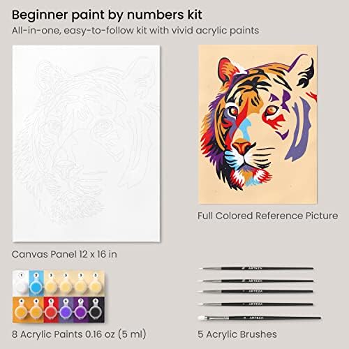ARTEZA Paint by Numbers Kit, 12x16 Inches, 21 Pieces, Tiger Canvas Painting Kit, Canvas Panel, 12 Acrylic Paint Pots, 5 Paintbrushes, Art Supplies for a Meditative and Calming - Image 3