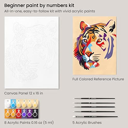 ARTEZA Paint by Numbers Kit, 12x16 Inches, 21 Pieces, Tiger Canvas Painting Kit, Canvas Panel, 12 Acrylic Paint Pots, 5 Paintbrushes, Art Supplies for a Meditative and Calming - Image 3