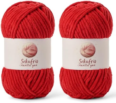 Chenille Blanket Yarn for Crocheting Size 5 Bulky Yarn 2 Pack Red by Sekafris