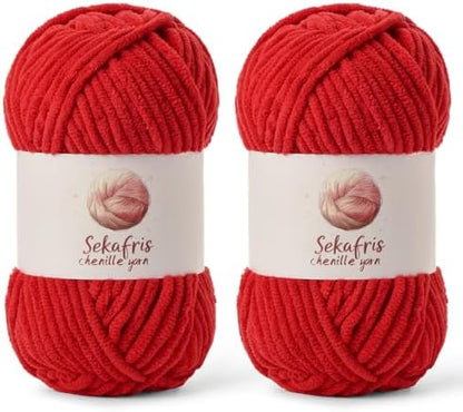 Chenille Blanket Yarn for Crocheting Size 5 Bulky Yarn 2 Pack Red by Sekafris