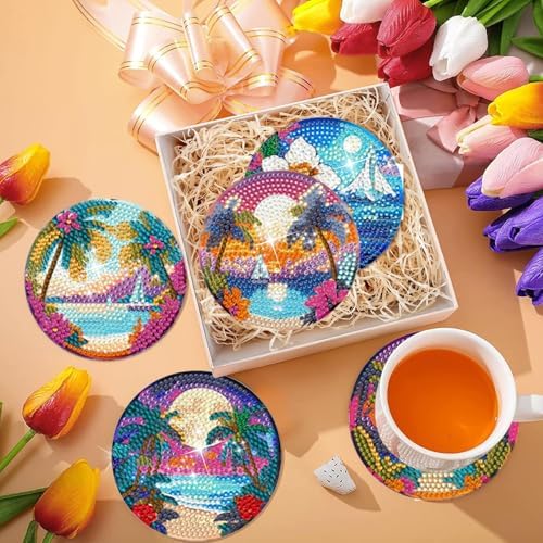 EWJRNSF 6 PCS Ocean Beach Diamond Art Coasters Kit with Holder for Adults - Image 6