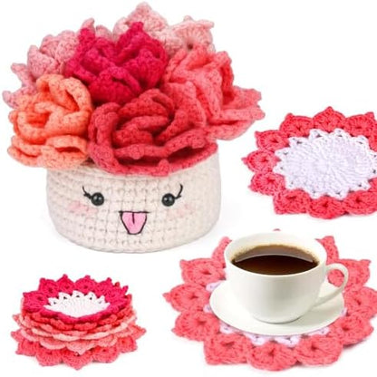Hssugi Crochet Kit for Beginners, 6PCS Potted Plant Coasters Crochet Kit by Hssugi