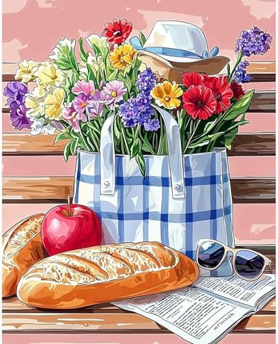 RICUVED Flowers Paint by Numbers for Adults, Bench Paint by Numbers Kit for Adults Beginners, Bread DIY Acrylic Pink Oil Painting on Canvas Easy for Gift Home Wall Decor 16x20 Inch by RICUVED