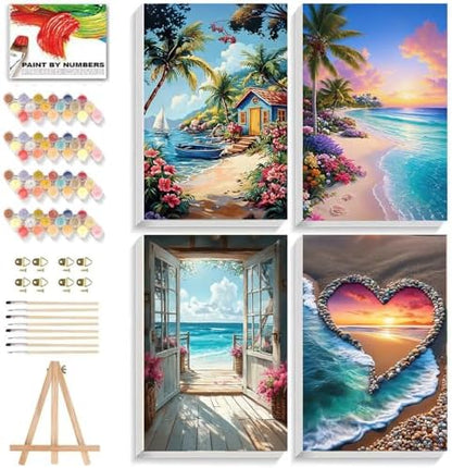 ICYANART 4 Pack Beach Paint by Numbers for Adults with Framed and Easel by Unknown
