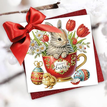 DIY Diamond Greeting Cards Set, 5D DIY Diamond Art Painting Festival Style Greeting Card, DIY Christmas Card Making Kits for Family Friends Handmade Gift-#20-Teacup Bunny - Image 2