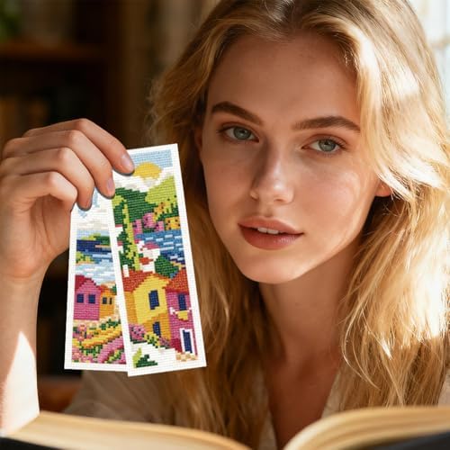 INFUNLY 6pcs Scenery Cross Stitch Bookmark Kit DIY Beach Stamped Embroidery Bookmark Kits 8.7×3.2" Mountain Needlepoint Kit with Instruction Town Easy Cross Stitch Kits for Book Lovers Readers - Image 7
