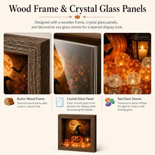 DIY Halloween Shadow Box Night Light Kit, 8.5 Inch Wooden Frame LED Craft Set with Luminous Stones & Acrylic Panels, Create Your Own Spooky Ghost & Pumpkin Scene, Fall Autumn Tabletop Home Decor - Image 5