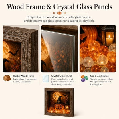 DIY Halloween Shadow Box Night Light Kit, 8.5 Inch Wooden Frame LED Craft Set with Luminous Stones & Acrylic Panels, Create Your Own Spooky Ghost & Pumpkin Scene, Fall Autumn Tabletop Home Decor - Image 5