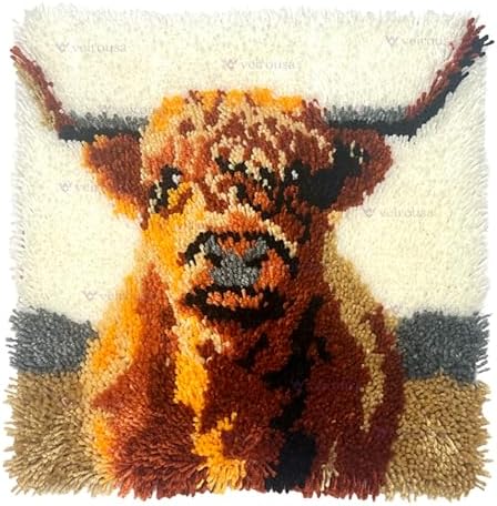 veirousa Latch Hook Kits for Adults, DIY Highland Cow Pillow & Rug Craft Kit for Beginners, Animal Handmade Yarn Art, Relaxing Home Sofa Decor Gift 17x17 Inch - Image 2