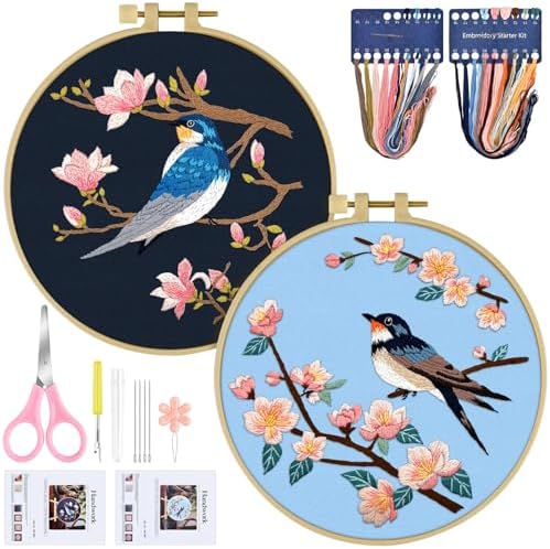 ERKOON Embroidery Kit for Beginners, 2 Set Floral Cross Stitch Set Include Embroidery Cloth Hoops Threads for Craft Lover Hand Stitch with Embroidery Skill Techniques (Bird) by ERKOON
