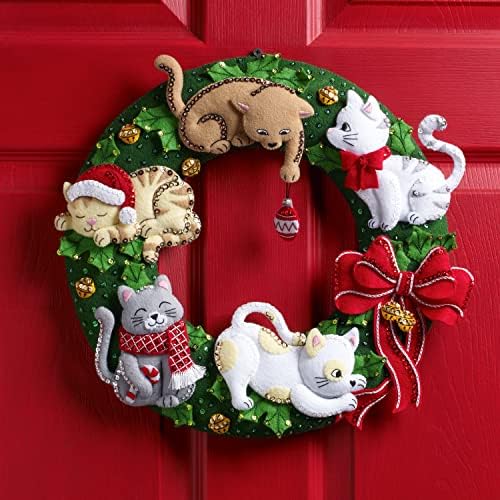 Bucilla Felt Applique Wreath Kit, Holiday Housecats, Perfect for DIY Arts and Crafts, 89490E - Image 2