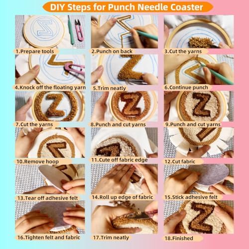 6PCS Punch Needle Coaster Kit Coffee Cup Easy for Beginners Stress Relief Craft Set with Hoop Yarn & Patterns DIY Embroidery Mug Rug Kit for Adults Home Decor-4 - Image 5