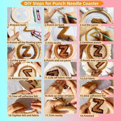 6PCS Punch Needle Coaster Kit Coffee Cup Easy for Beginners Stress Relief Craft Set with Hoop Yarn & Patterns DIY Embroidery Mug Rug Kit for Adults Home Decor-4 - Image 5