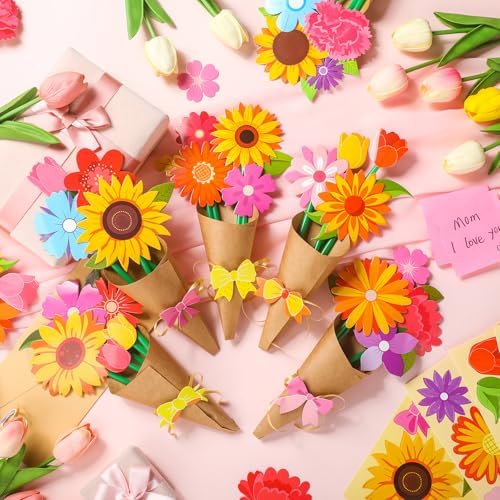 Motipuns 48 Set Flower Bouquet Craft Kit DIY Flower Mother's Day Paper Crafts Floral Bouquet Gifts Teacher Thankful Making Kit for Mothers Day Graduation Classroom Decoration Home School Activity - Image 2