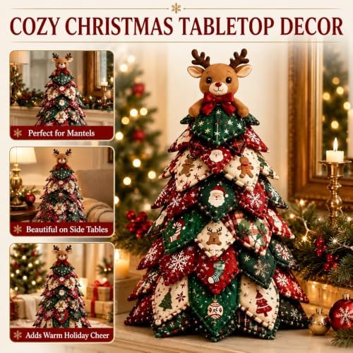 DIY Halloween Christmas Quilted Fabric Tree Kit, 3D Padded Patchwork Sewing Craft Kit for Beginners, Home Office Mantel Shelf Tabletop Decor, Handmade Holiday Gift for Craft Lovers (Christmas #A) - Image 7