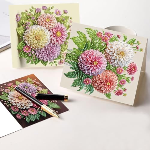 6pcs creative gift of diamond art painting birthday cards - flowers chrysanthemum, greeting card with envelope, handmade DIY painting birthday card art craft card kit postcards for family and friends - Image 6