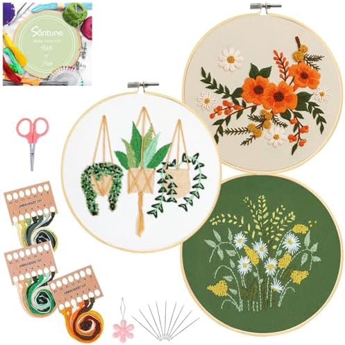 Santune 3 Sets Embroidery Kit for Beginners Needlepoint Cross Stitch Kits for Adults,Stitch Learning DIY Sets with Instruction Video,Stamped Floral Patterns,Hoop,Threads,Sewing Kit by Santune