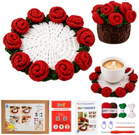 Yarniss Rose Flower Coaster Crochet Kit + Video Guide, Beginner Set by Yarniss