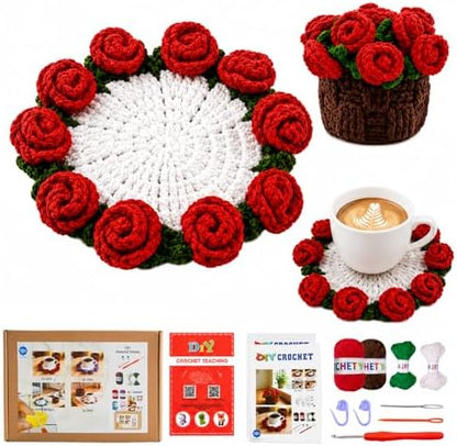 Yarniss Rose Flower Coaster Crochet Kit + Video Guide, Beginner Set by Yarniss