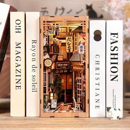 Book Nook Kit, DIY Miniature House Kit for Adults & Teens, Japanese Alley Scene Bookshelf Insert Decor with LED, 3D Wooden Puzzle Gift for Book Lovers (Cat Alley) - Image 2