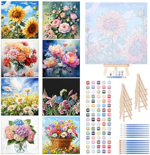 RoundFunny 8 Set Paint by Numbers Drawing Kit for Adults,Vibrant Blooms by RoundFunny